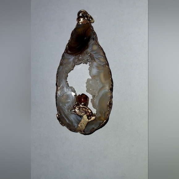 Druzy Agate Slice With Amber Inside Gold Wrapped - Picture 5 of 6